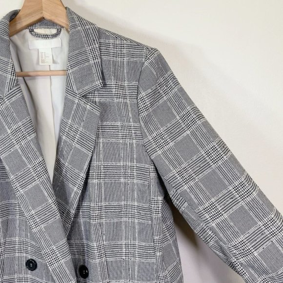 H&M Double-Breasted Black And White Career Long Line Plaid Blazer - Picture 5 of 15